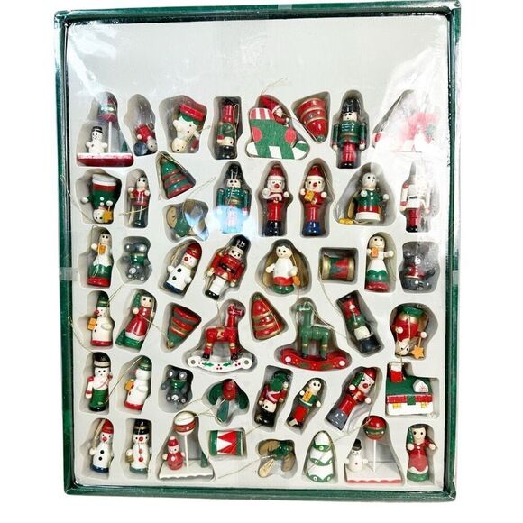 Vintage Kmart Christmas Trim A Tree 50 Piece Wooden Ornaments Original Box